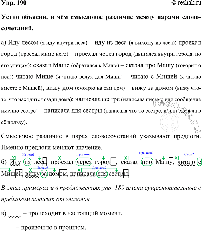 Изображение Упр. 190  Устно объясни, в чём смысловое различие между парами слово-сочетаний.  а) Иду лесом (я...