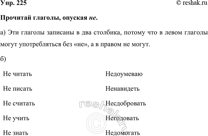 Изображение Упр. 225  Прочитай глаголы, опуская не.  а) Эти глаголы записаны в два столбика, потому что в...