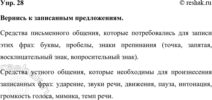 Изображение Упр. 28  Вернись к записанным предложениям.  Средства письменного общения, которые...