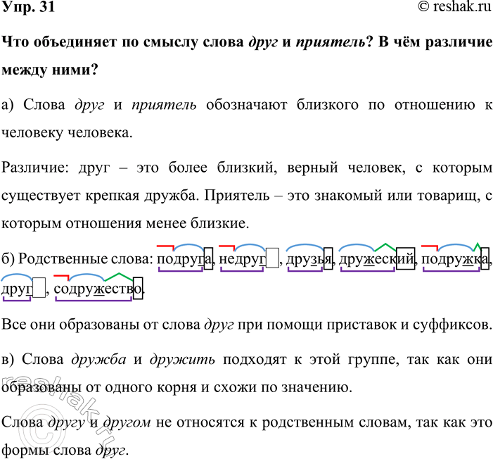 Изображение Упр. 31  Что объединяет по смыслу слова друг и приятель? В чём различие между ними?  а) Слова...
