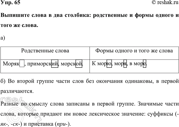 Изображение Упр. 65  Выпишите слова в два столбика: родственные и формы одного и того же слова.  а)...