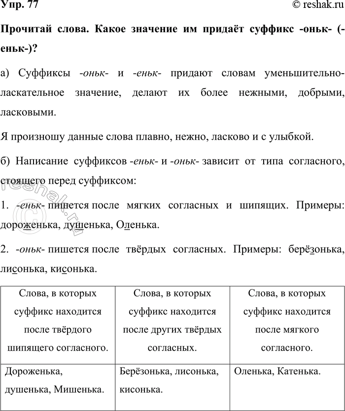 Изображение Упр. 77  Прочитай слова. Какое значение им придаёт суффикс -оньк- (-еньк-)?  а) Суффиксы -оньк- и...