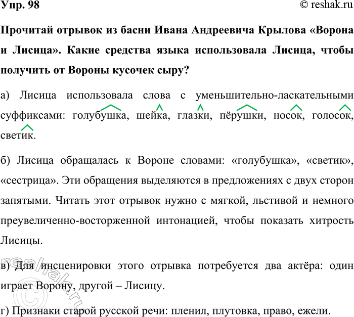 Изображение Упр. 98  Прочитай отрывок из басни Ивана Андреевича Крылова «Ворона и Лисица». Какие средства...