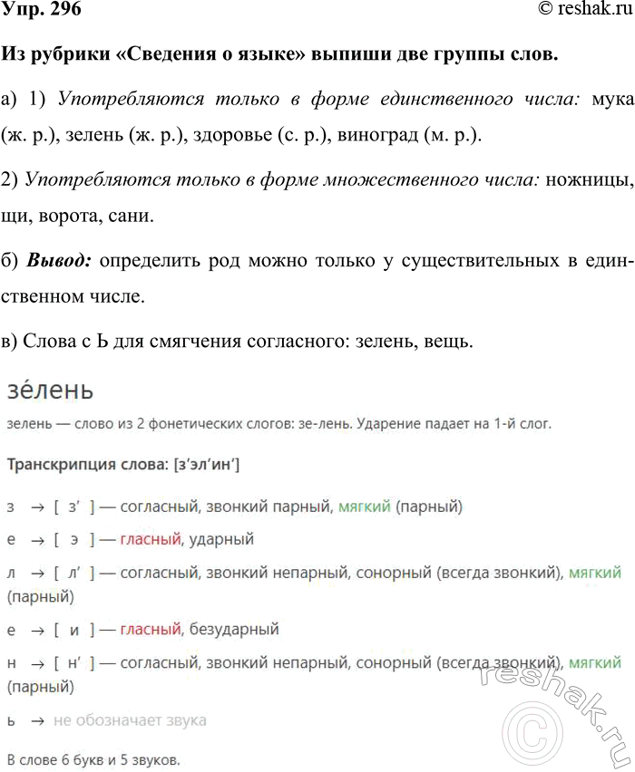 Изображение Упр. 296  Из рубрики «Сведения о языке» выпиши две группы слов.  а) 1) Употребляются только в...