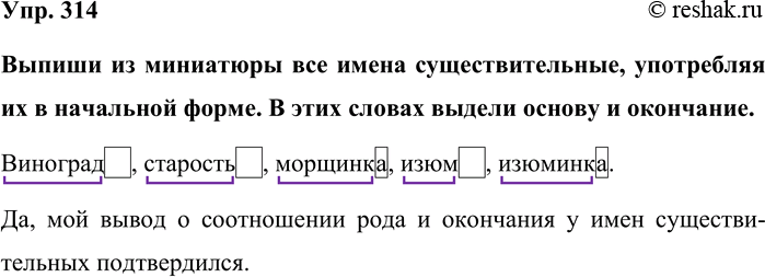 Изображение Упр. 314  Выпиши из миниатюры все имена существительные, употребляя их в начальной форме. В...