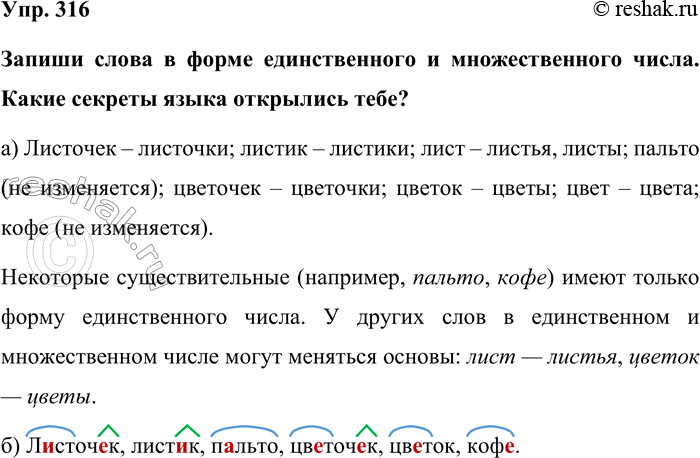 Изображение Упр. 316  Запиши слова в форме единственного и множественного числа. Какие секреты языка...