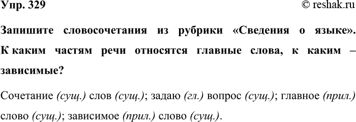 Изображение Упр. 329  Запишите словосочетания из рубрики «Сведения о языке». К каким частям речи относятся...