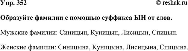 Изображение Упр. 352  Образуйте фамилии с помощью суффикса ЫН от слов.  Мужские фамилии: Синицын, Куницын, Лисицын, Спицын.  Женские фамилии: Синицына, Куницына, Лисицына,...