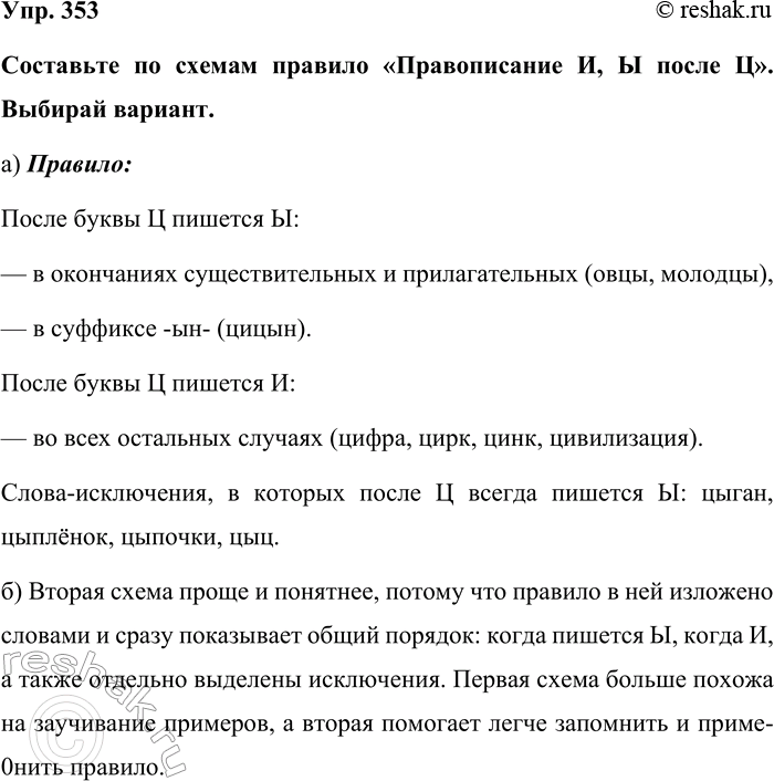 Изображение Упр. 353  Составьте по схемам правило «Правописание И, Ы после Ц». Выбирай вариант.  а) Правило: ...