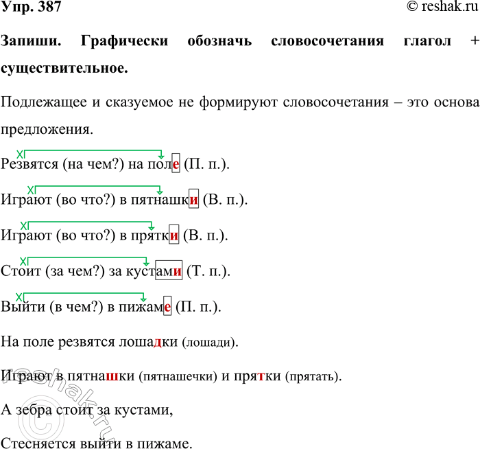 Изображение Упр. 387  Запиши. Графически обозначь словосочетания глагол + существительное.  Подлежащее и...
