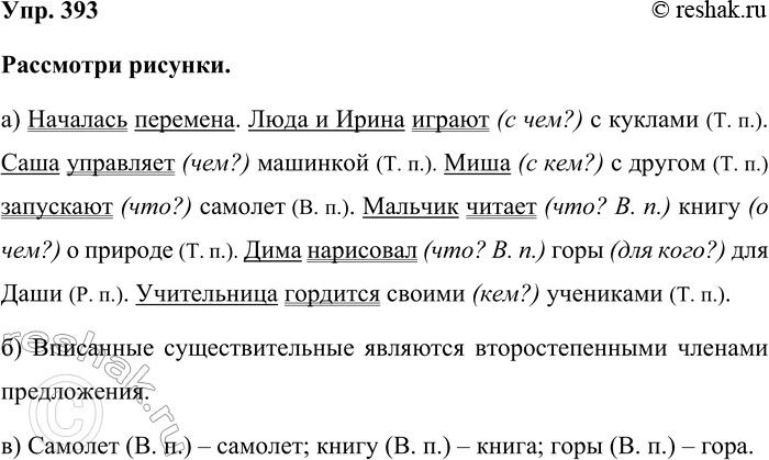Изображение Упр. 393  Рассмотри рисунки.  а) Началась перемена. Люда и Ирина играют (с чем?) с куклами (Т. п.)....