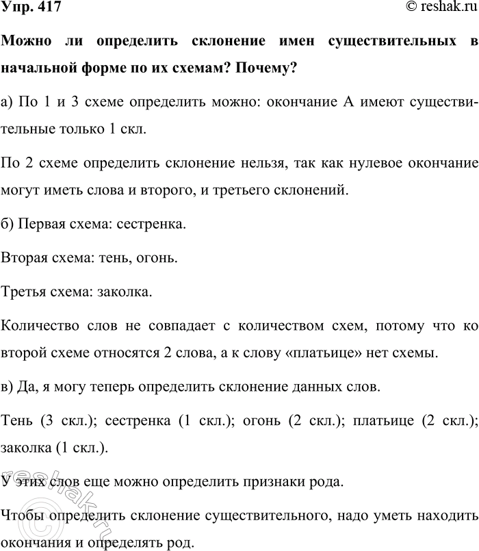 Изображение Упр. 417  Можно ли определить склонение имен существительных в начальной форме по их схемам?...