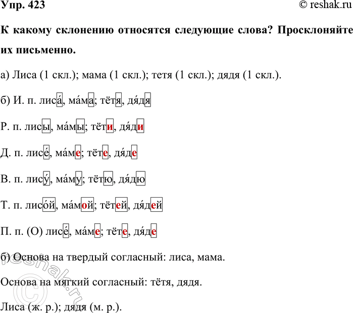 Изображение Упр. 423  К какому склонению относятся следующие слова Просклоняйте их письменно.  а) Лиса (1...