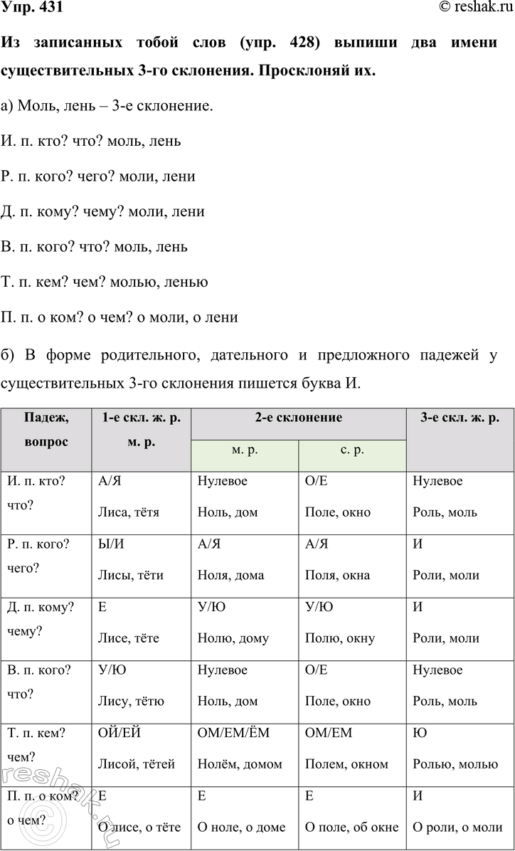 Изображение Упр. 431  Из записанных тобой слов (упр. 428) выпиши два имени существительных 3-го склонения....