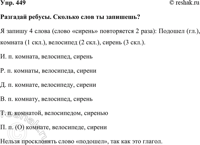 Изображение Упр. 449  Разгадай ребусы. Сколько слов ты запишешь?  Я запишу 4 слова (слово «сирень»...