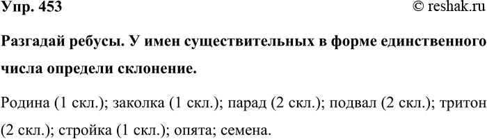 Изображение Упр. 453  Разгадай ребусы. У имен существительных в форме единственного числа определи...