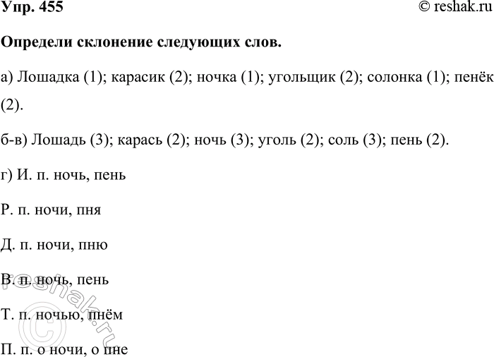 Изображение Упр. 455  Определи склонение следующих слов.  а) Лошадка (1); карасик (2); ночка (1); угольщик (2);...