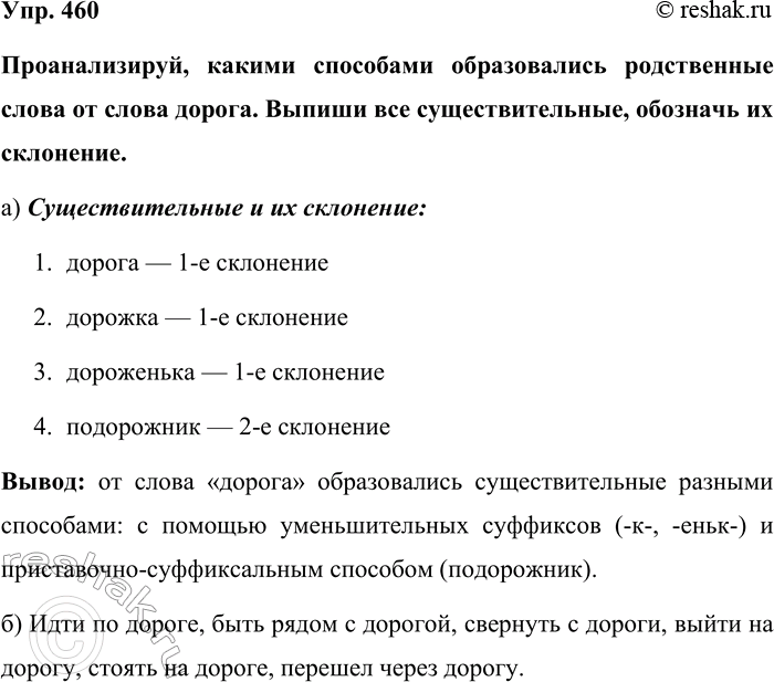 Изображение Упр. 460  Проанализируй, какими способами образовались родственные слова от слова дорога....