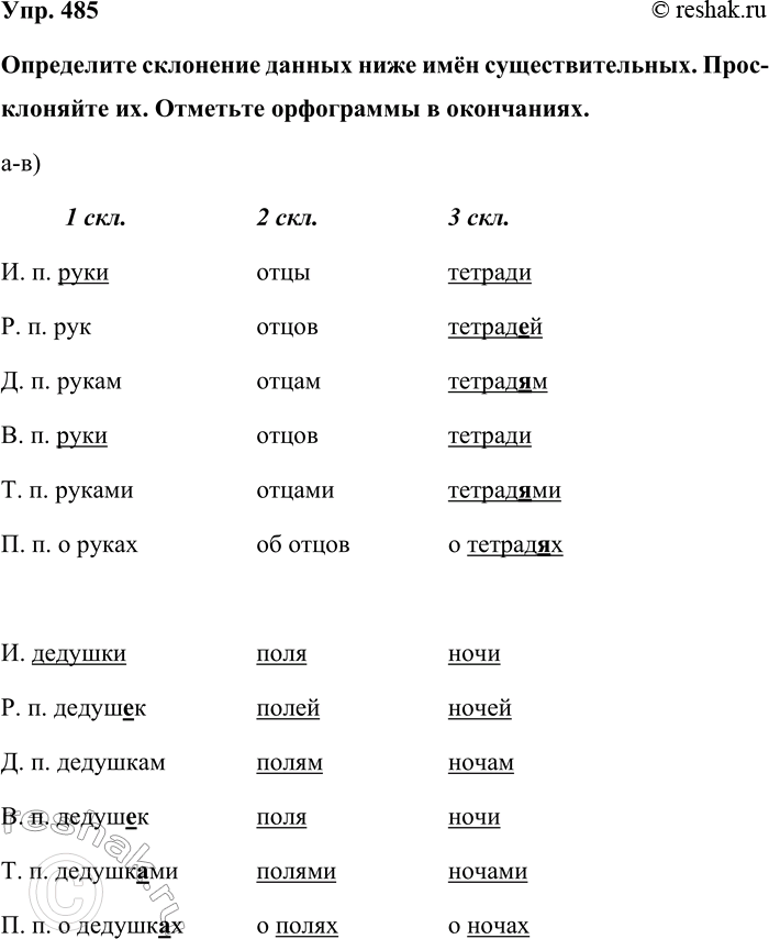Изображение Упр. 485  Определите склонение данных ниже имён существительных. Просклоняйте их. Отметьте...