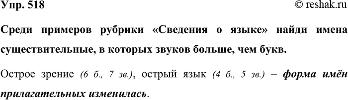 Изображение Упр. 518  Среди примеров рубрики «Сведения о языке» найди имена существительные, в которых...