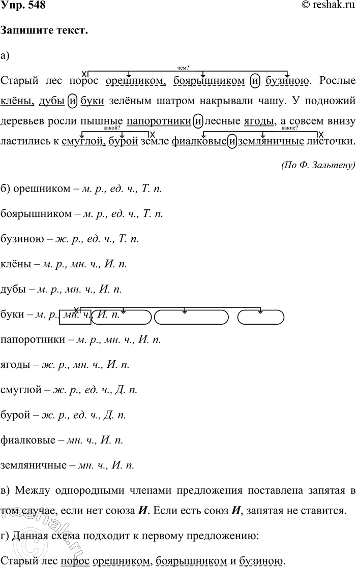 Изображение Упр. 548  Запишите текст.  а)   Старый лес порос орешником, боярышником и бузиною. Рослые клёны,...