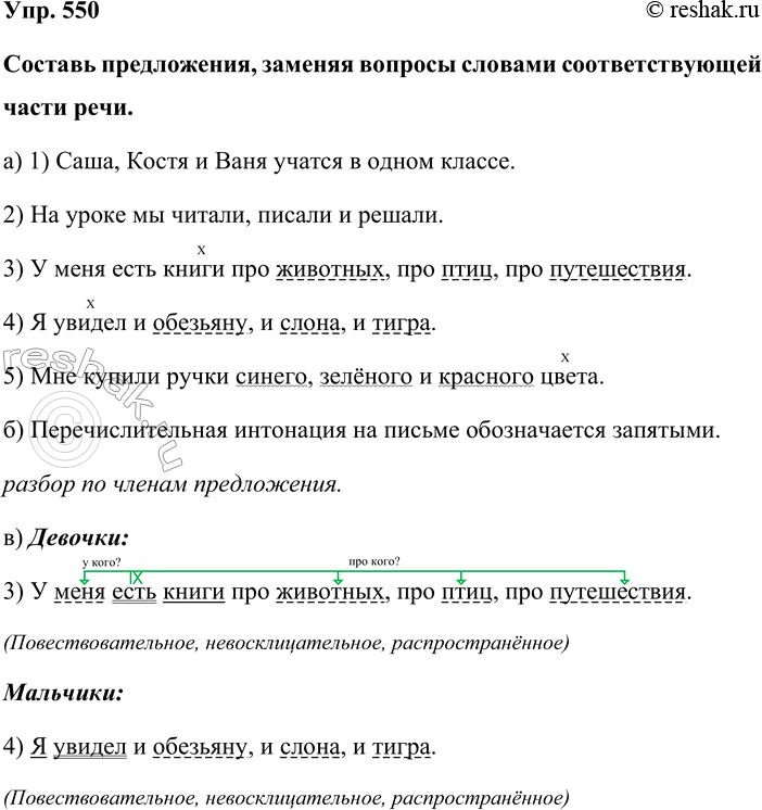 Изображение Упр. 550  Составь предложения, заменяя вопросы словами соответствующей части речи.  а) 1) Саша,...