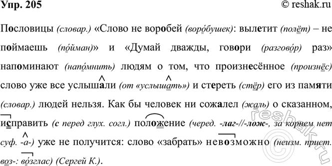 Изображение 205. Орфографический практикум.  П..словицы «Слово не вор..бей: выл..тит — не поймаешь» и «Думай...