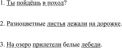 Изображение Составьте по данным схемам предложения.    1. Ты пойдёшь в поход?    2. Разноцветные листья лежали на дорожке.    3. На озеро прилетели белые...