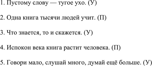 Изображение Запишите пословицы. Пословицы, в которых говорится об устной речи, обозначьте буквой У, о...