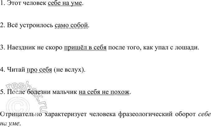 Фразеологизмы с местоимением себя 6 класс