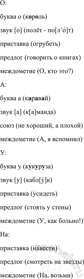 Изображение 565 «Расшифруйте» данные схемы. Запишите примеры, иллюстрирующие их.  О  буква о   звук [о]  ...