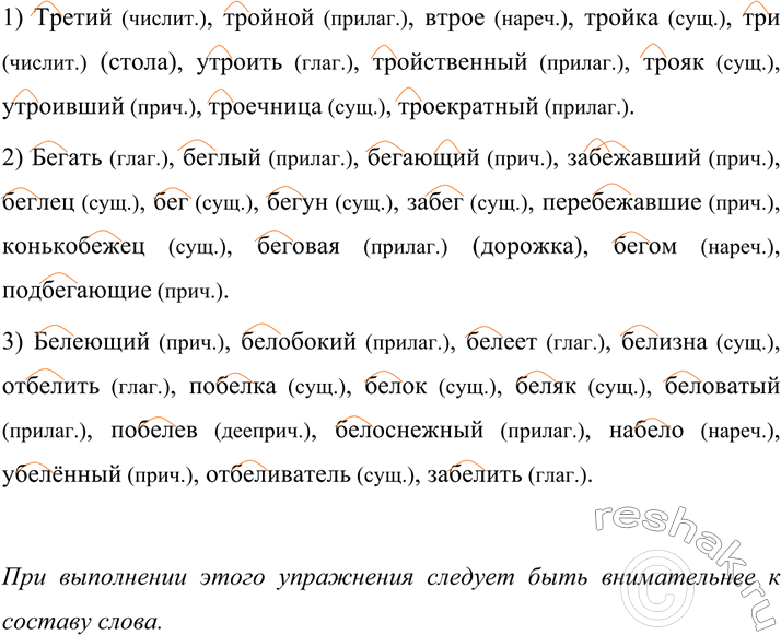 Изображение 622 Спишите группу слов, выделяя корни и определяя, к какой части речи относится каждое из них....