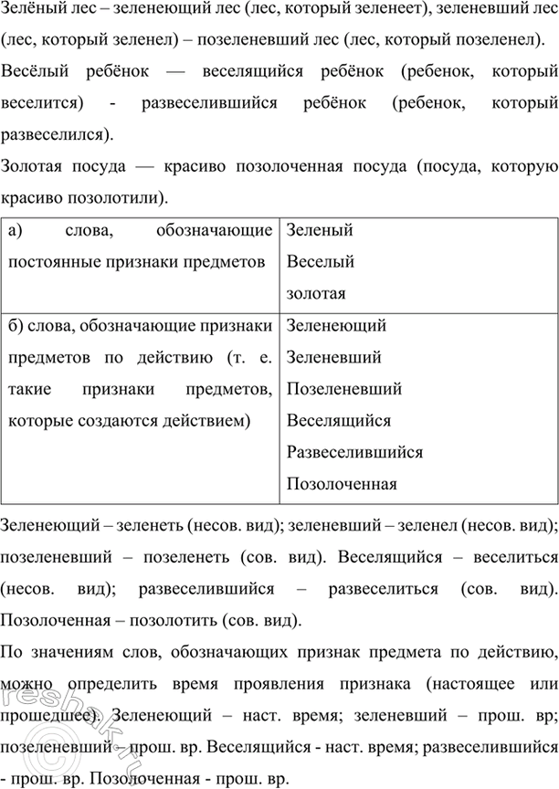 Изображение Прочитайте словосочетания. Что обозначают выделенные слова?  Зелёный лес — зеленеющий лес...