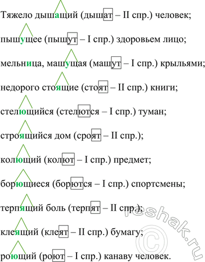 Изображение Спишите, вставляя пропущенные буквы, выделяя суффиксы причастий и указывая спряжения...