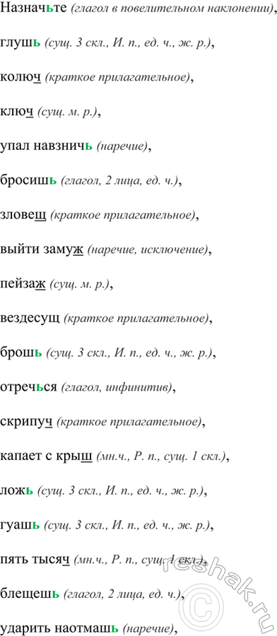 Изображение Изучите схему. Расскажите об употреблении ь после шипящих в словах различных частей речи. ...