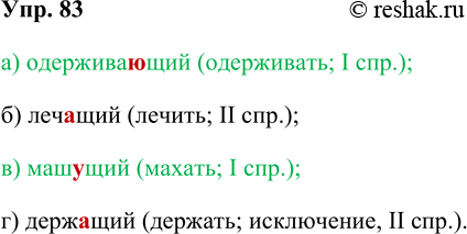Изображение 83. Укажите причастия, в суффиксе которых пишется -у/-ю.  а) одерживающий; б) леч...щий; в)...