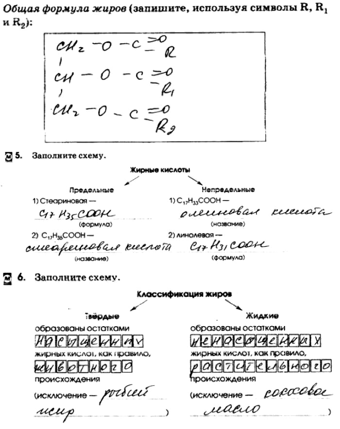 Изображение Общая формула жиров (запишите, используя символы R,R1 и R2):5. Заполните схему.Жирные кислотыПредельные1) Стеариновая — (формула)2) С17Н35СООН — (название)...