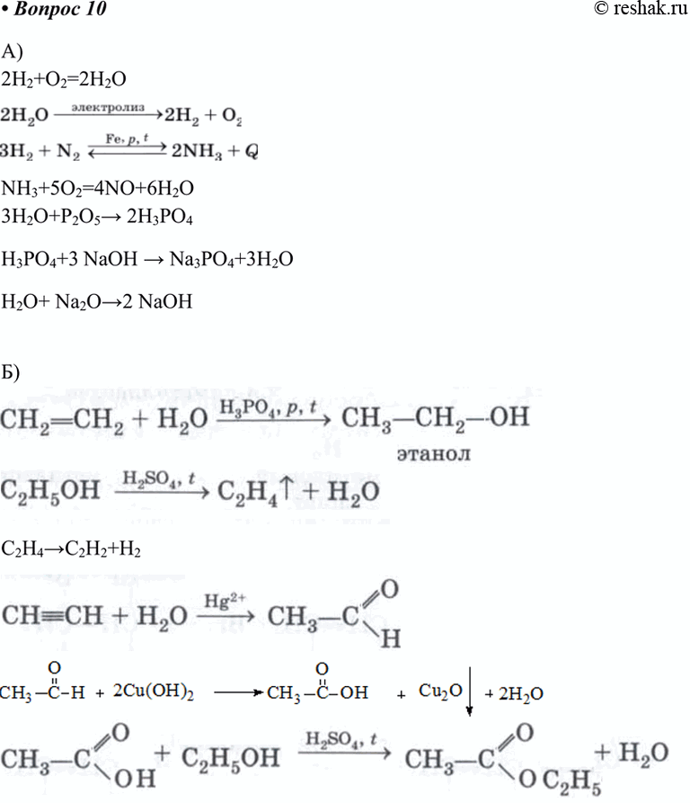 Изображение 10 Запишите уравнения реакций, с помощью которых можно осуществить следующие превращения:а)	О2 -> Н20 -> Н2 -> NH3 -> Н2O -> Н3Р04 -> Н2O -> NaOH;б)	С2Н4-> С2Н5ОН->...