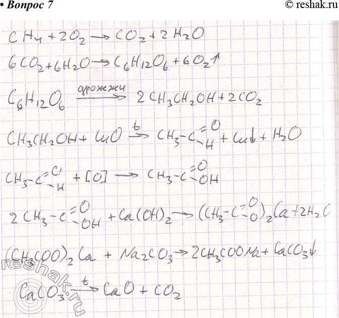 Изображение 7	Запишите уравнения реакций, с помощью которых можно осуществить следующие превращения:сн4 —> со2 —> с6н12O6 —> с2н5он —> сн3сно —> СН3СООН —> (СН3СОО)2Са —> СаСO3...