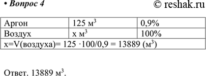 Изображение 4. Объёмная доля аргона в воздухе 0.9 %. Какой объём воздуха необходим для получения 125 м3 аргона?Аргон  	125 м3	0,9%Воздух 	x м3	100%x=V(воздуха)= 125 •100/0,9...