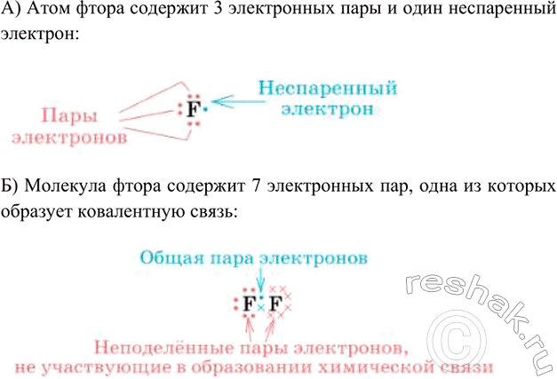 Изображение 2. Сколько электронных пар и неспаренных электронов содержат: а) атом фтора; б) молекула...