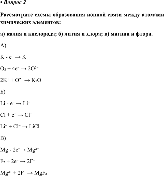 Изображение 2 Рассмотрите схемы образования ионной связи между атомами химических элементов:  а) калия и кислорода; б) лития и хлора; в) магния и...