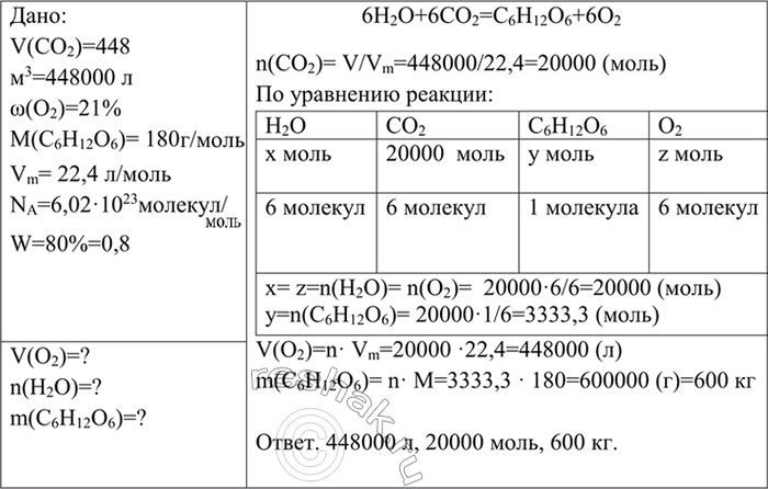 Изображение 5 Найдите массу глюкозы и объём кислорода (н. у.), образующихся в процессе фотосинтеза, если в...