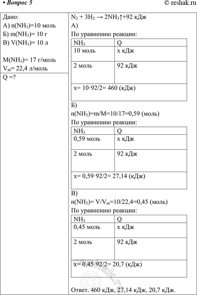  5.     :N2() + 2 2NH3^+92 )  :NH3 Q10  x 2  92 x= 1092/2= 460...