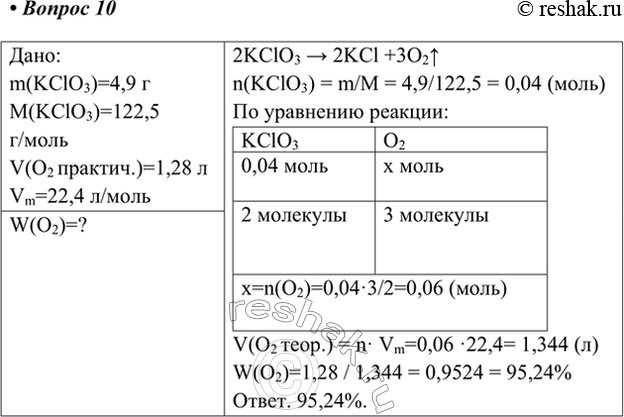  10.   4,9    13   1,28   (. .).   .:m(KClO3)=4,9 M(KClO3)=122,5 /V(O2...