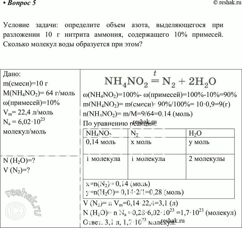 Изображение B лаборатории азот получают разложением нитрита аммония: NH4NO2 = N2 + 2Н2О.Придумайте и решите задачу, в условии которой была бы указана масса исходного вещества и...