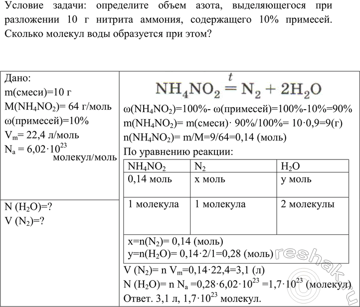 Изображение B лаборатории азот получают разложением нитрита аммония:   NH4NO2 = N2 + 2Н2О.  Придумайте и решите...