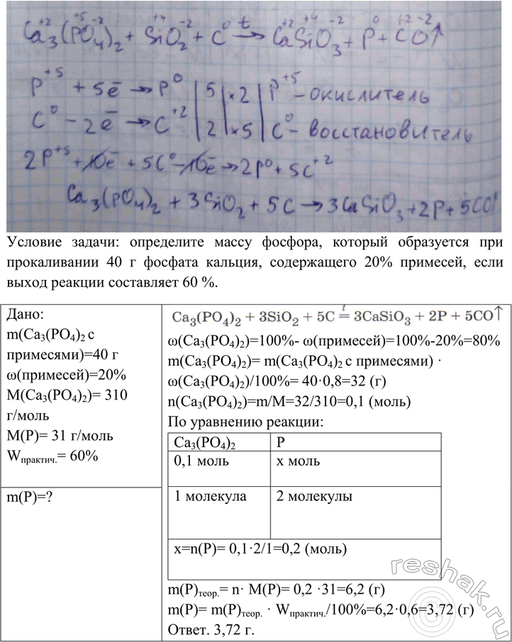 Изображение B промышленности фосфор получают прокаливанием смеси фосфата кальция с песком и коксом...