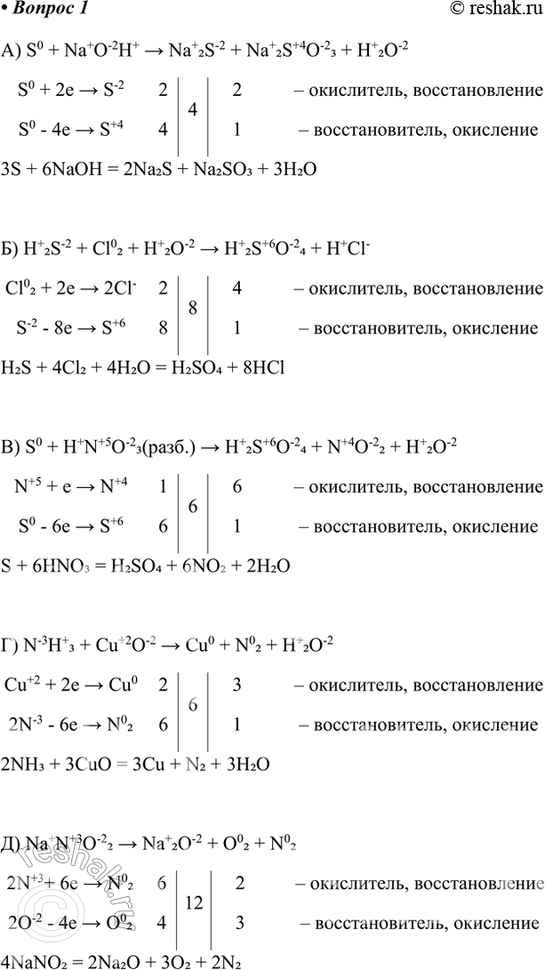 ����������� 1. ���������� ������������ ������� ������������ ������� � ���������� ������.�) S0 + Na+O-2H+ > Na+2S-2 + Na+2S+4O-23 + H+2O-2S0 + 2e > S-2	2	4	2	� ����������,...