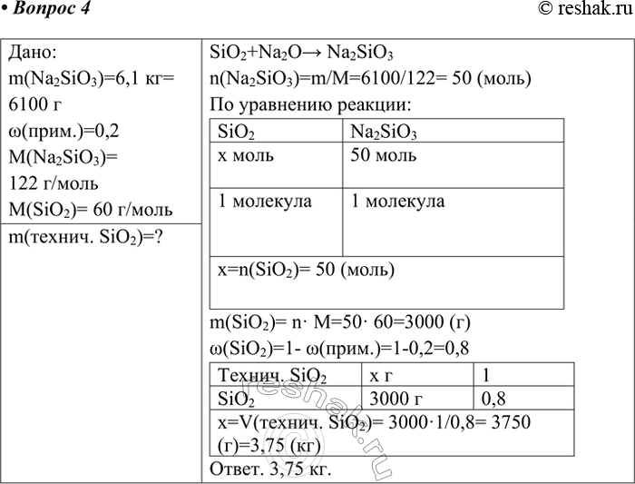 ����������� 4. ������� ����������� ������ ������� (IV), ����������� 0,2 �������� ���� ��������, ����� �������� 6,1 �� �������� ������?����:m(Na2SiO3)=6,1 ��= 6100...